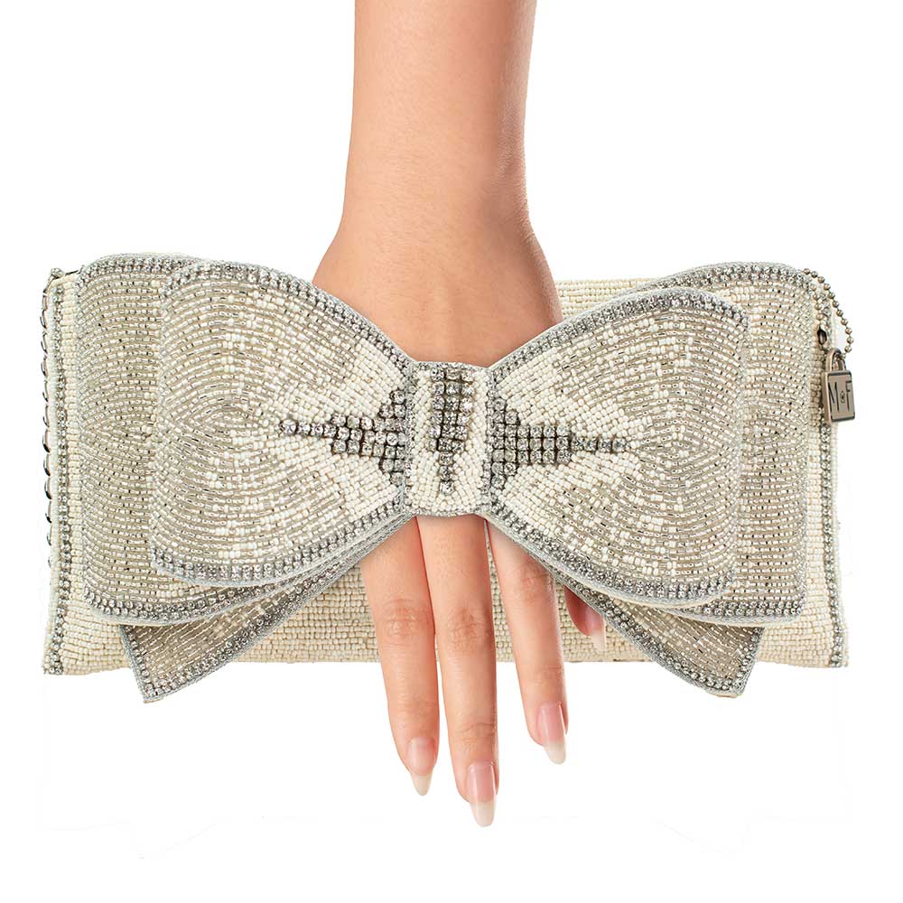 Fancy Bow Beaded Ivory Bow Crossbody Clutch