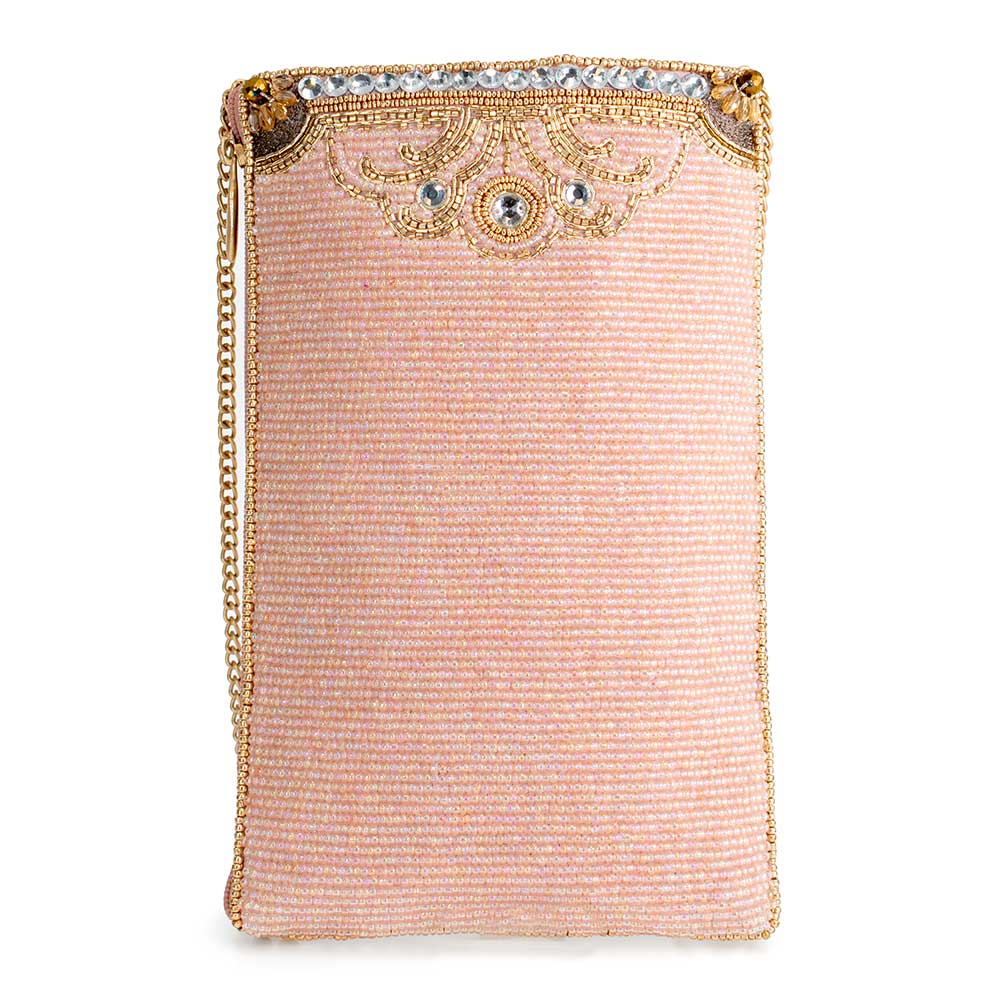 Crowned Jewel Beaded Pink and Gold Crown Crossbody Phone Bag