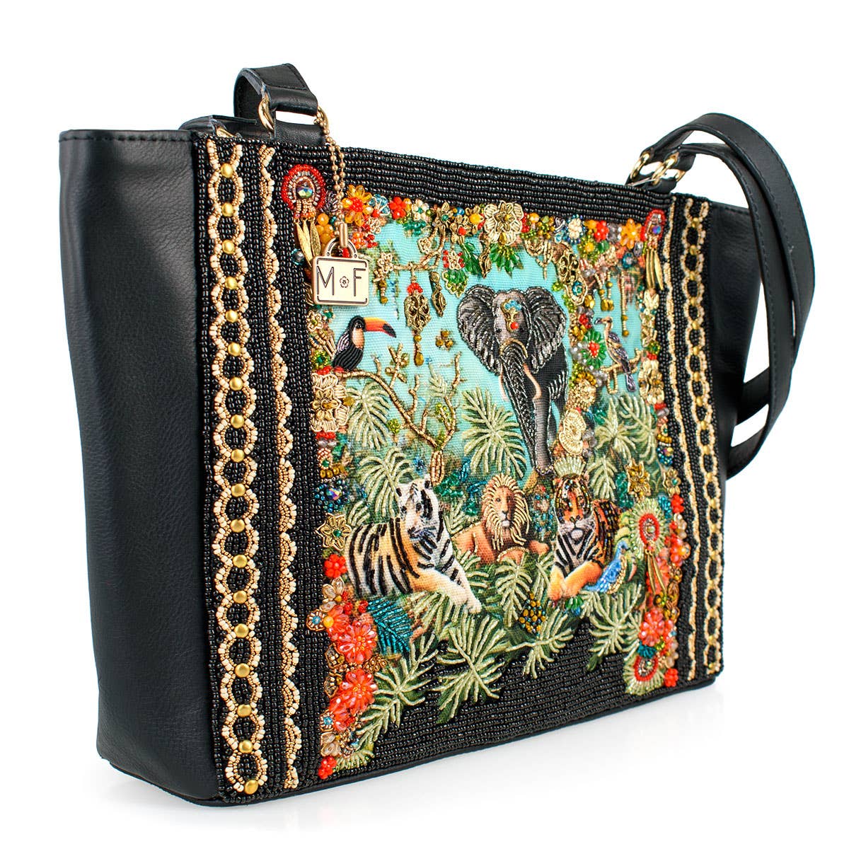 Wild Kingdom Elephant Embroidered and Beaded Tote Handbag