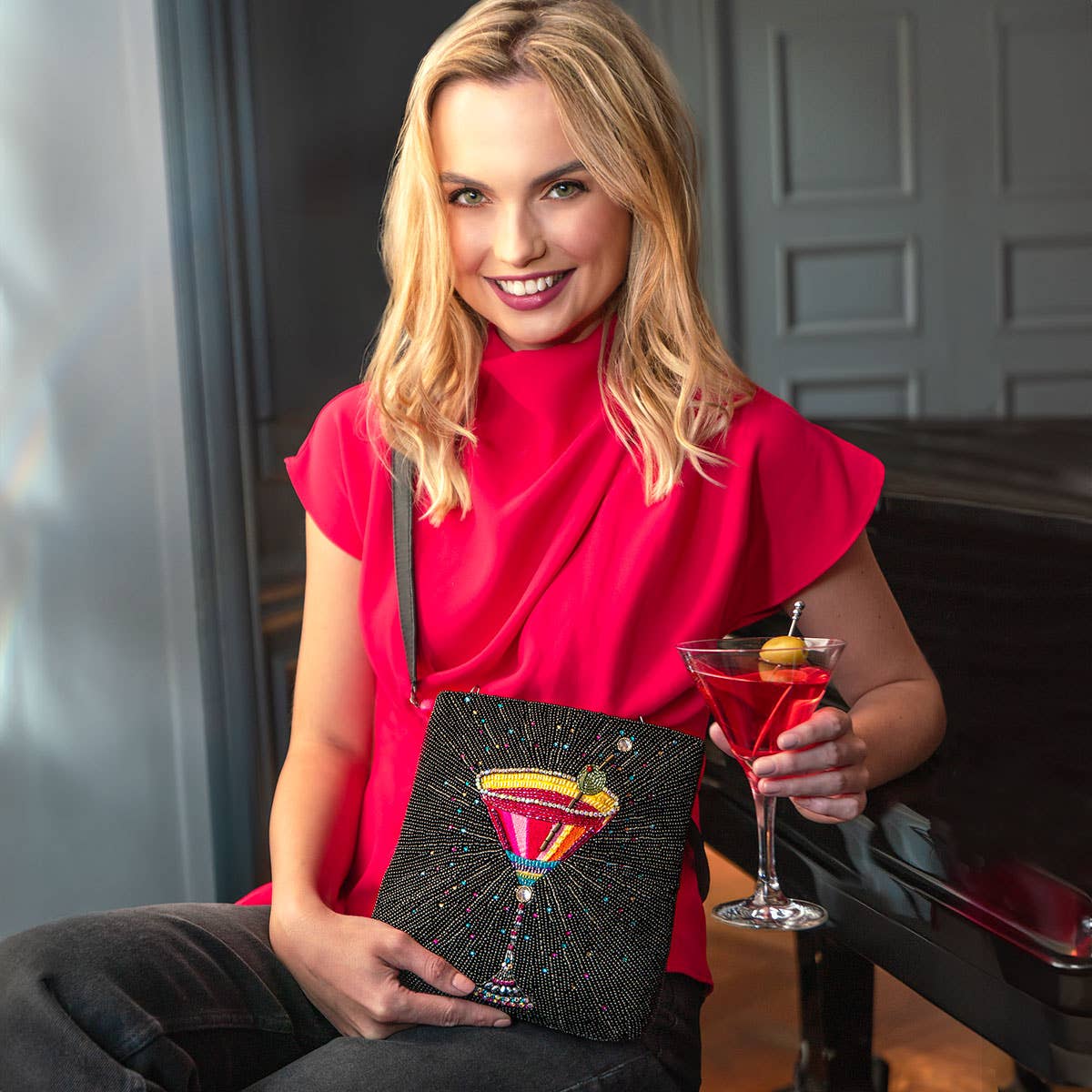 Up and Up Beaded Martini Glass with Olive Crossbody Handbag