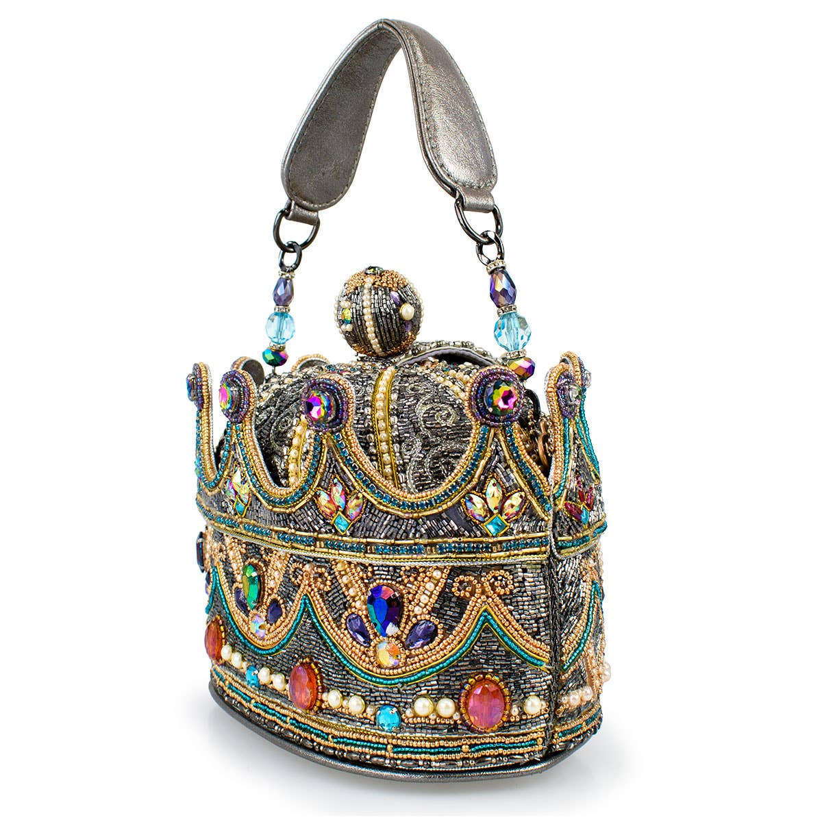 Royal Status Beaded Crown Top Handle Bag