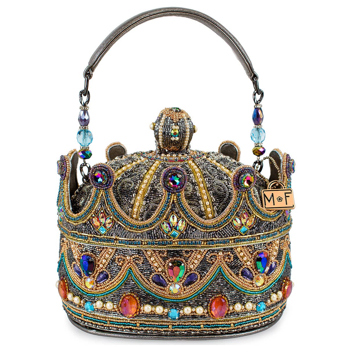Royal Status Beaded Crown Top Handle Bag