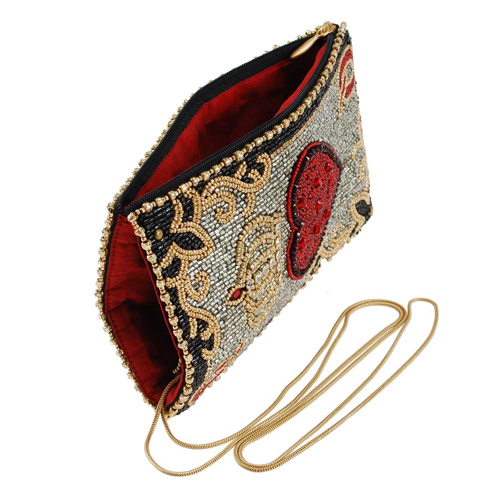 Queen of Hearts Beaded Playing Card Crossbody Phone Bag