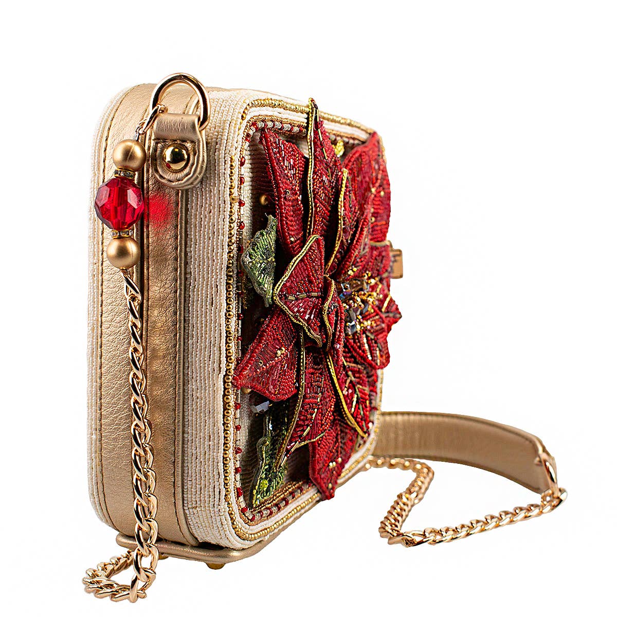 Poinsettia 3D Red And Gold Beaded Handbag