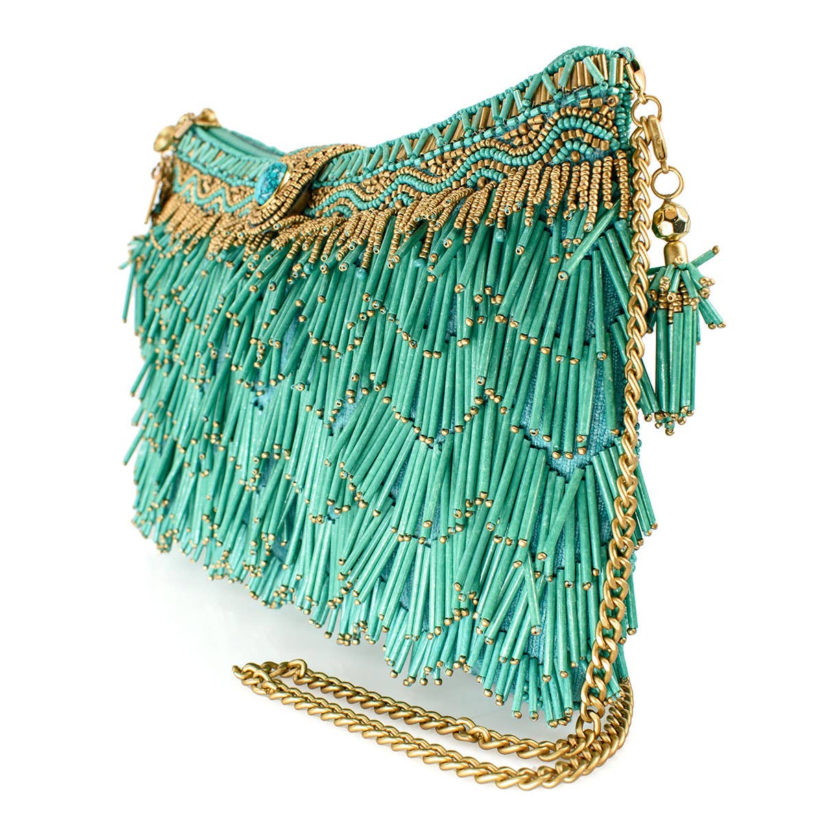 Shimmy, Turquoise Fringe Beaded Crossbody Handbag
