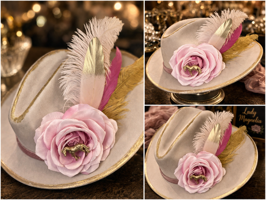 Blush & Cream Statement Hat with Rose, Feathers & Gold Detail 🌸✨