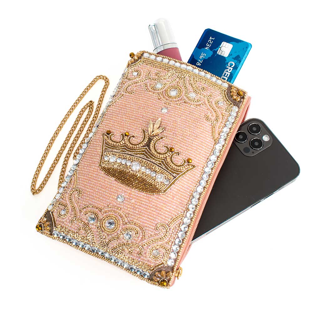 Crowned Jewel Beaded Pink and Gold Crown Crossbody Phone Bag