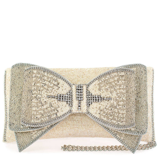 Fancy Bow Beaded Ivory Bow Crossbody Clutch