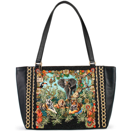 Wild Kingdom Elephant Embroidered and Beaded Tote Handbag