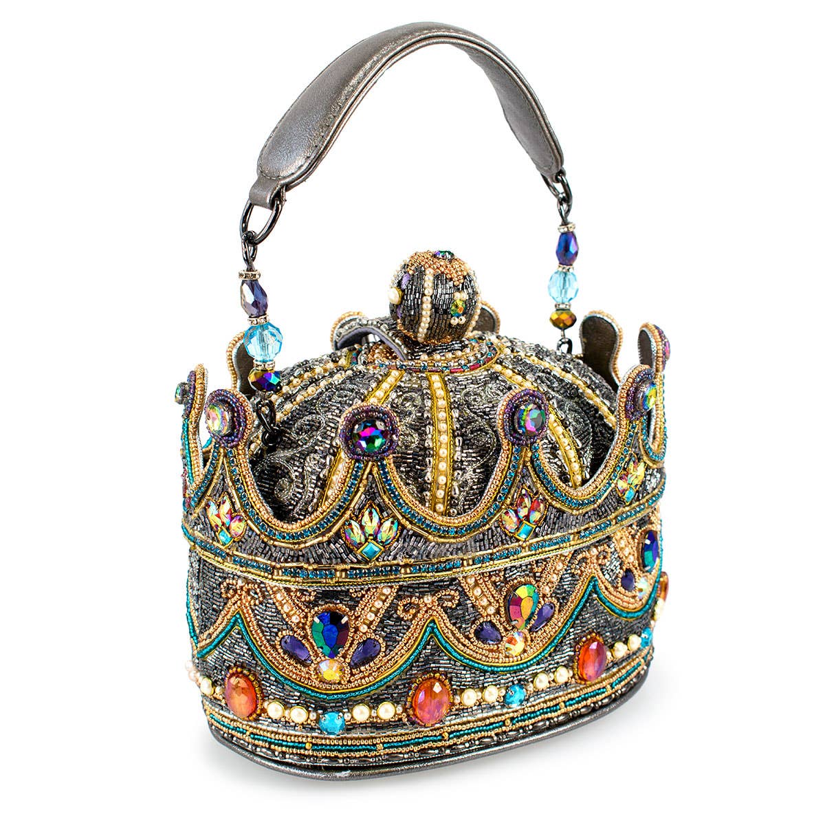 Royal Status Beaded Crown Top Handle Bag
