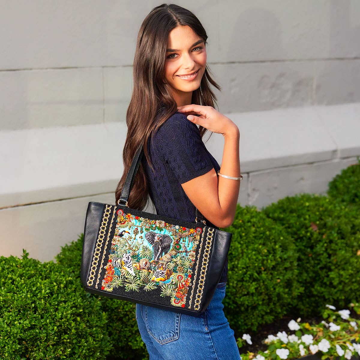 Wild Kingdom Elephant Embroidered and Beaded Tote Handbag