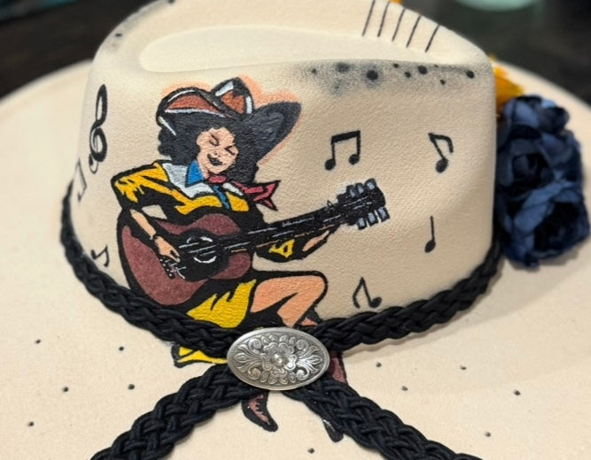 🎶 Hand-Painted Western Dream Hat - Guitar & Music Notes! 🤠