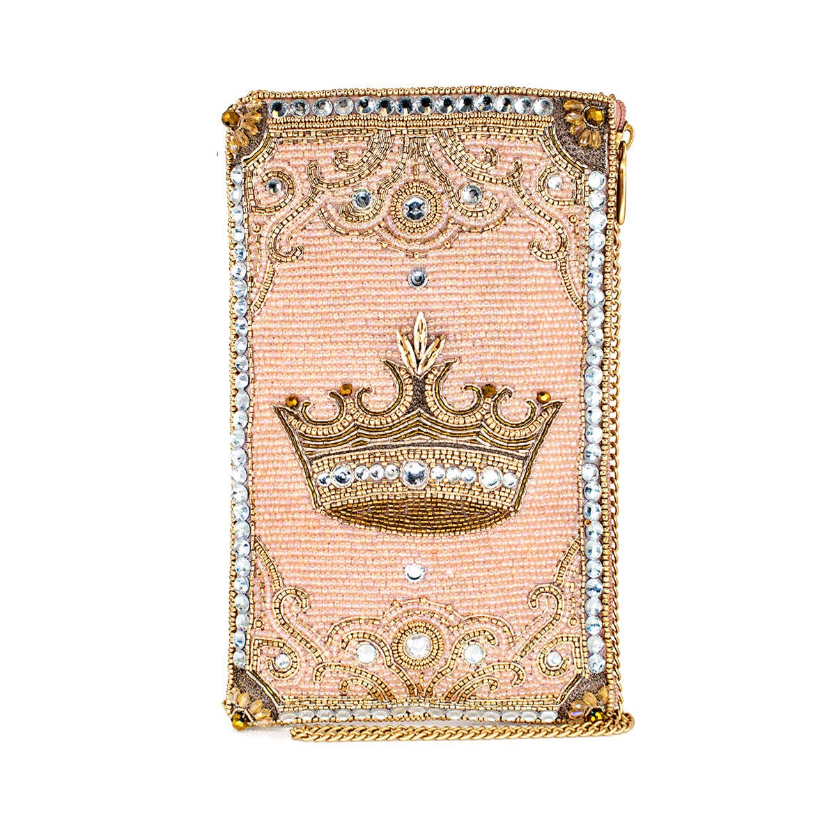 Crowned Jewel Beaded Pink and Gold Crown Crossbody Phone Bag