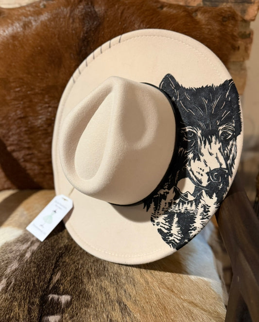Hand-Painted Wolf Head Felt Rancher Hat - Unique Western Artistry -