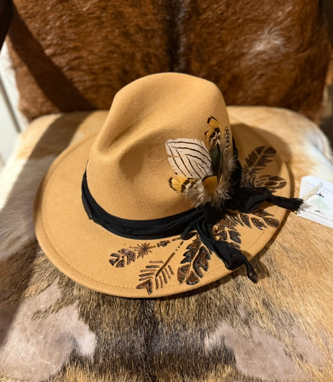 Custom Burned Camel Felt Fedora Hat with Feather Detail - Boho Western Chic