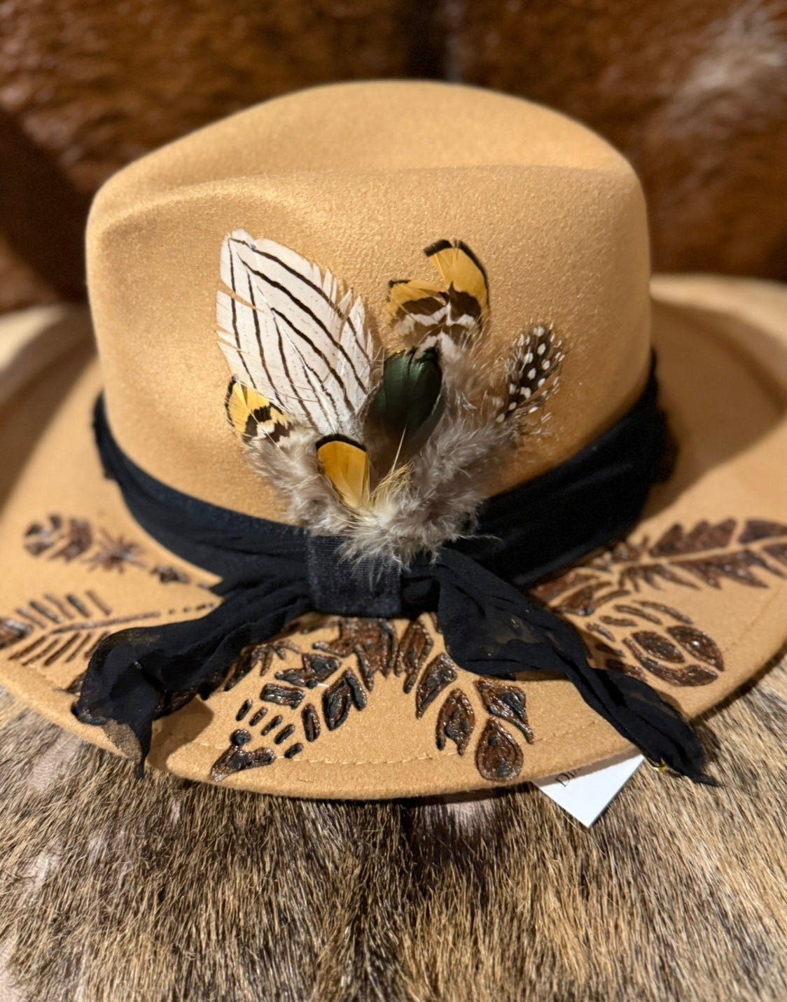 Custom Burned Camel Felt Fedora Hat with Feather Detail - Boho Western Chic