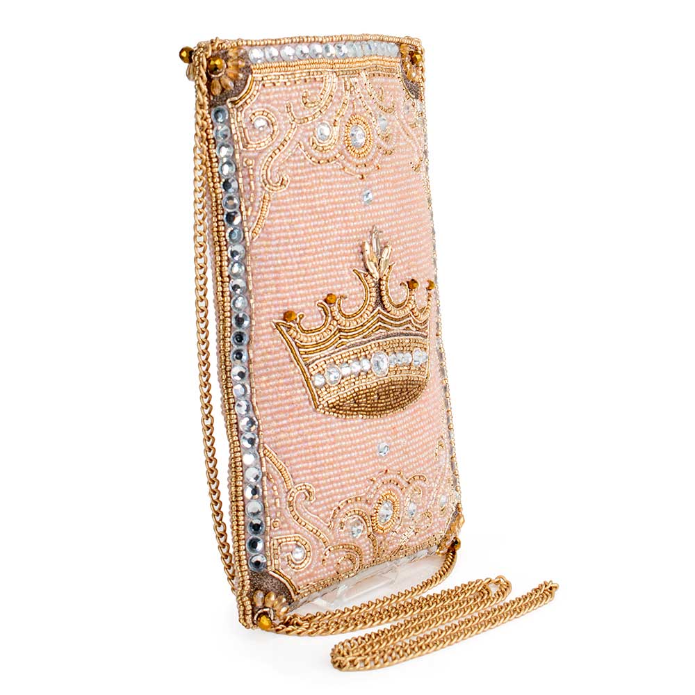 Crowned Jewel Beaded Pink and Gold Crown Crossbody Phone Bag