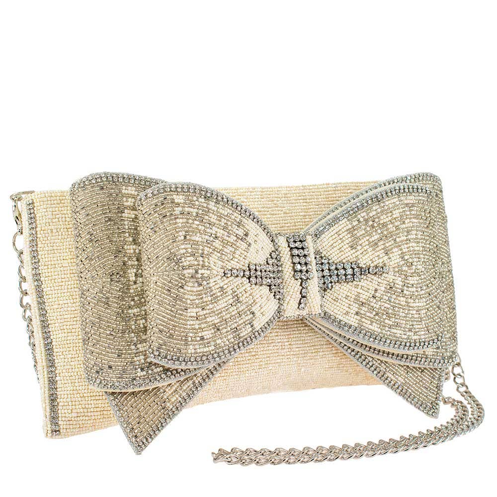 Fancy Bow Beaded Ivory Bow Crossbody Clutch