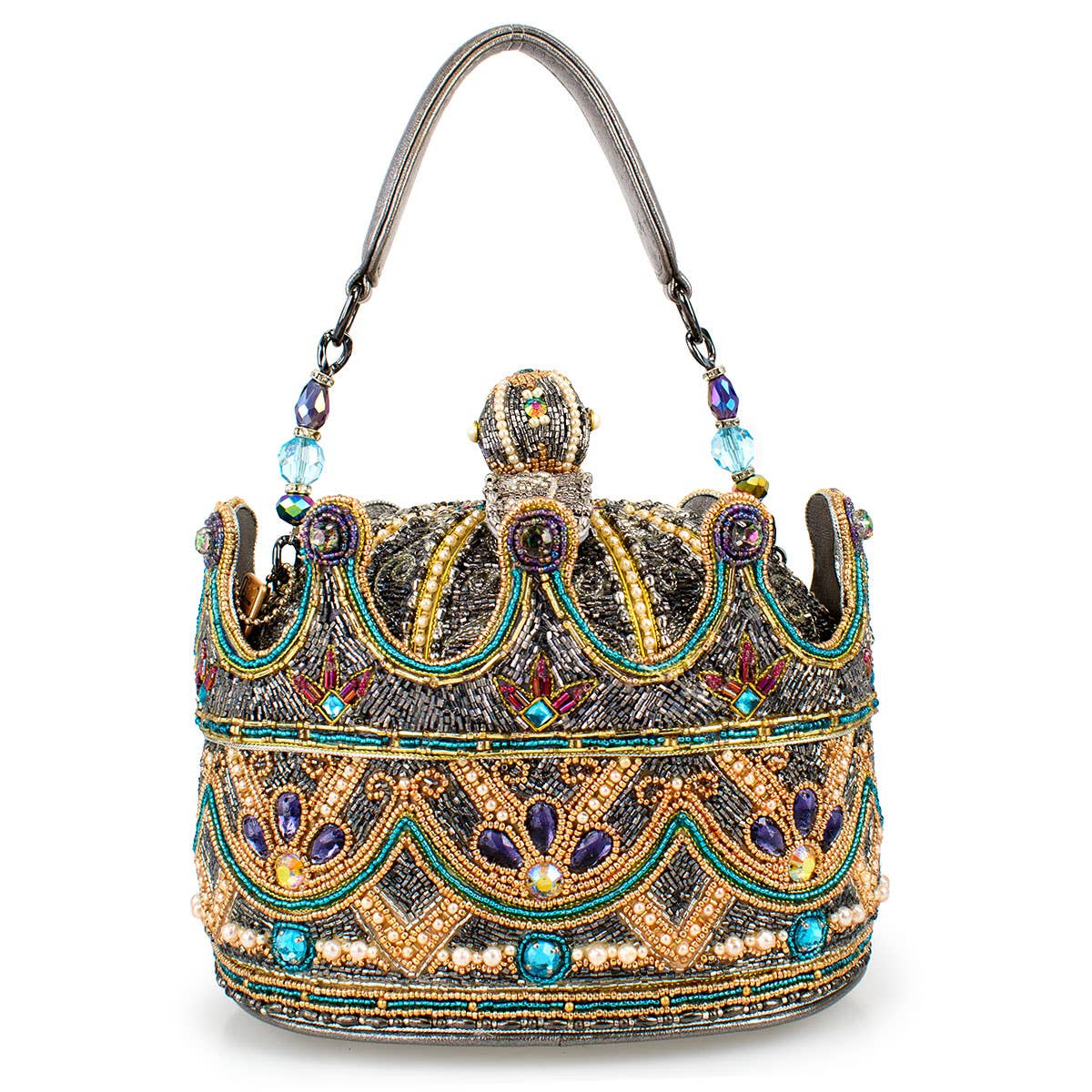 Royal Status Beaded Crown Top Handle Bag