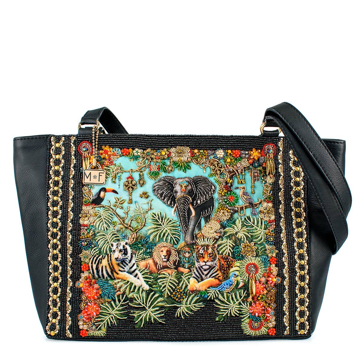 Wild Kingdom Elephant Embroidered and Beaded Tote Handbag