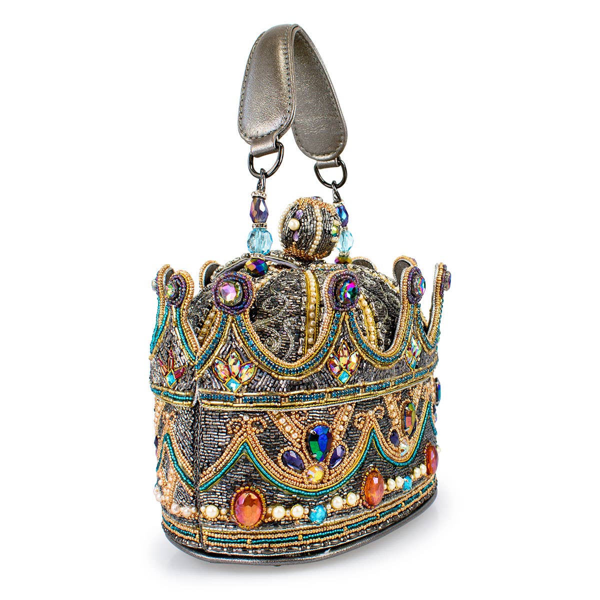 Royal Status Beaded Crown Top Handle Bag