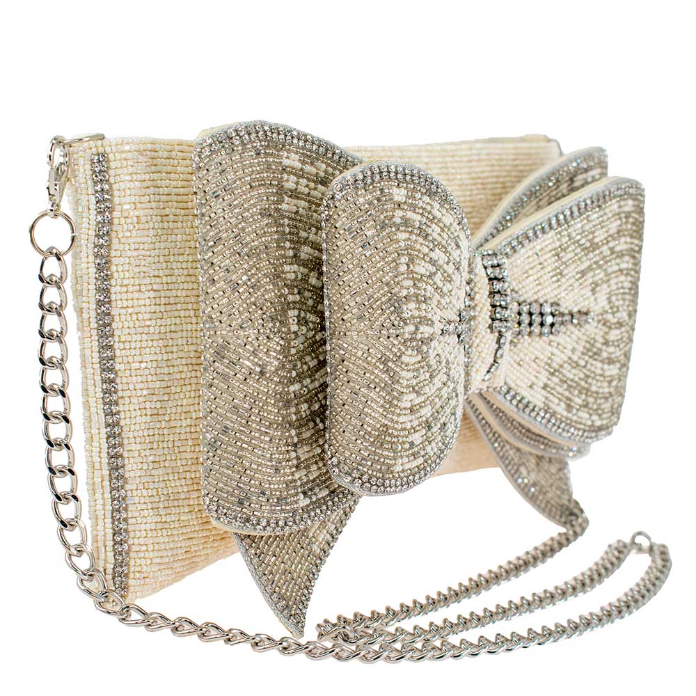Fancy Bow Beaded Ivory Bow Crossbody Clutch