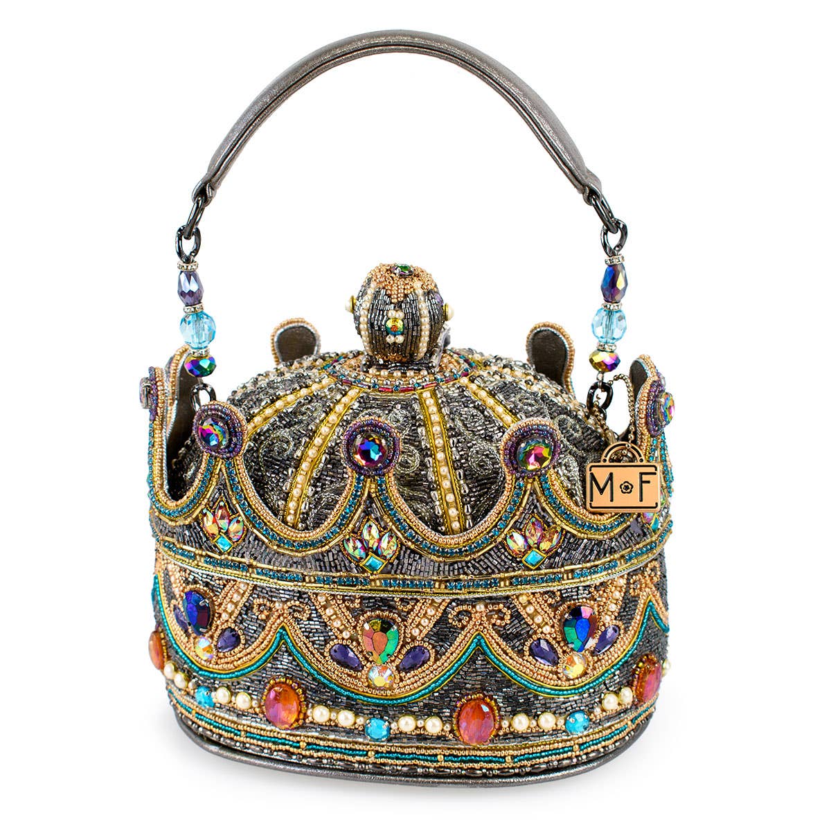 Royal Status Beaded Crown Top Handle Bag