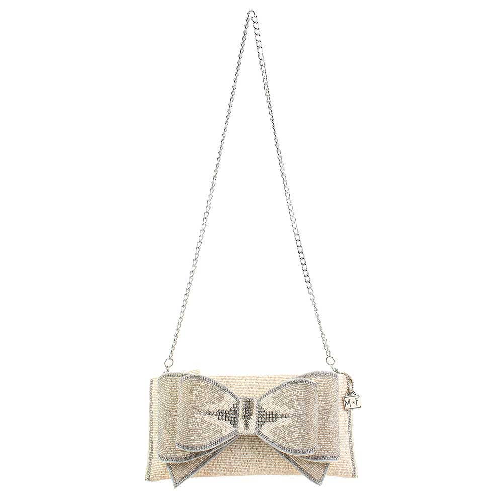 Fancy Bow Beaded Ivory Bow Crossbody Clutch