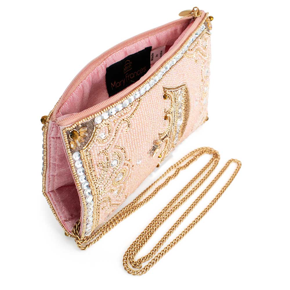 Crowned Jewel Beaded Pink and Gold Crown Crossbody Phone Bag