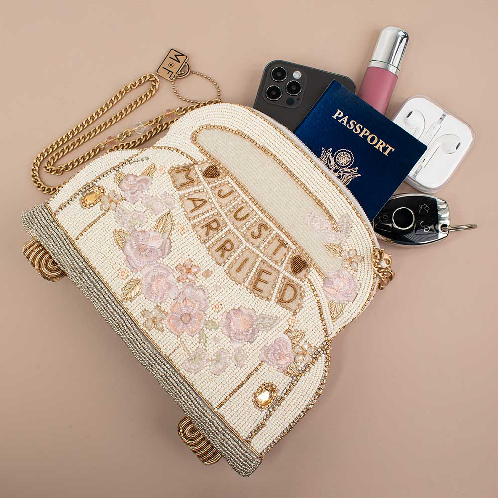 Just Married Beaded Car Image Crossbody Handbag