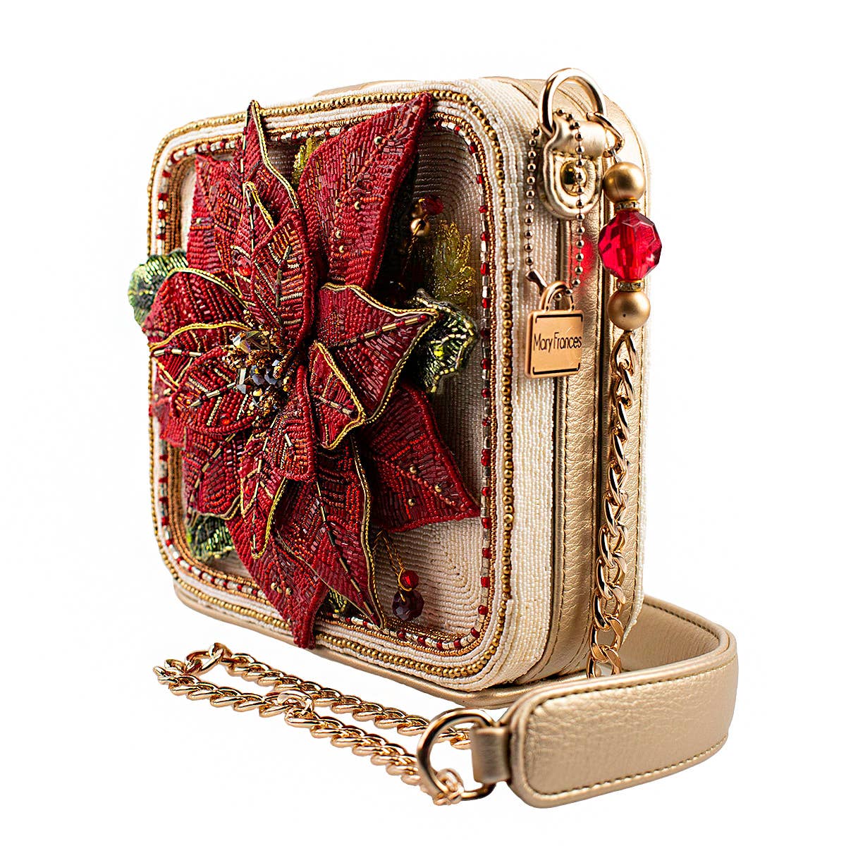 Poinsettia 3D Red And Gold Beaded Handbag