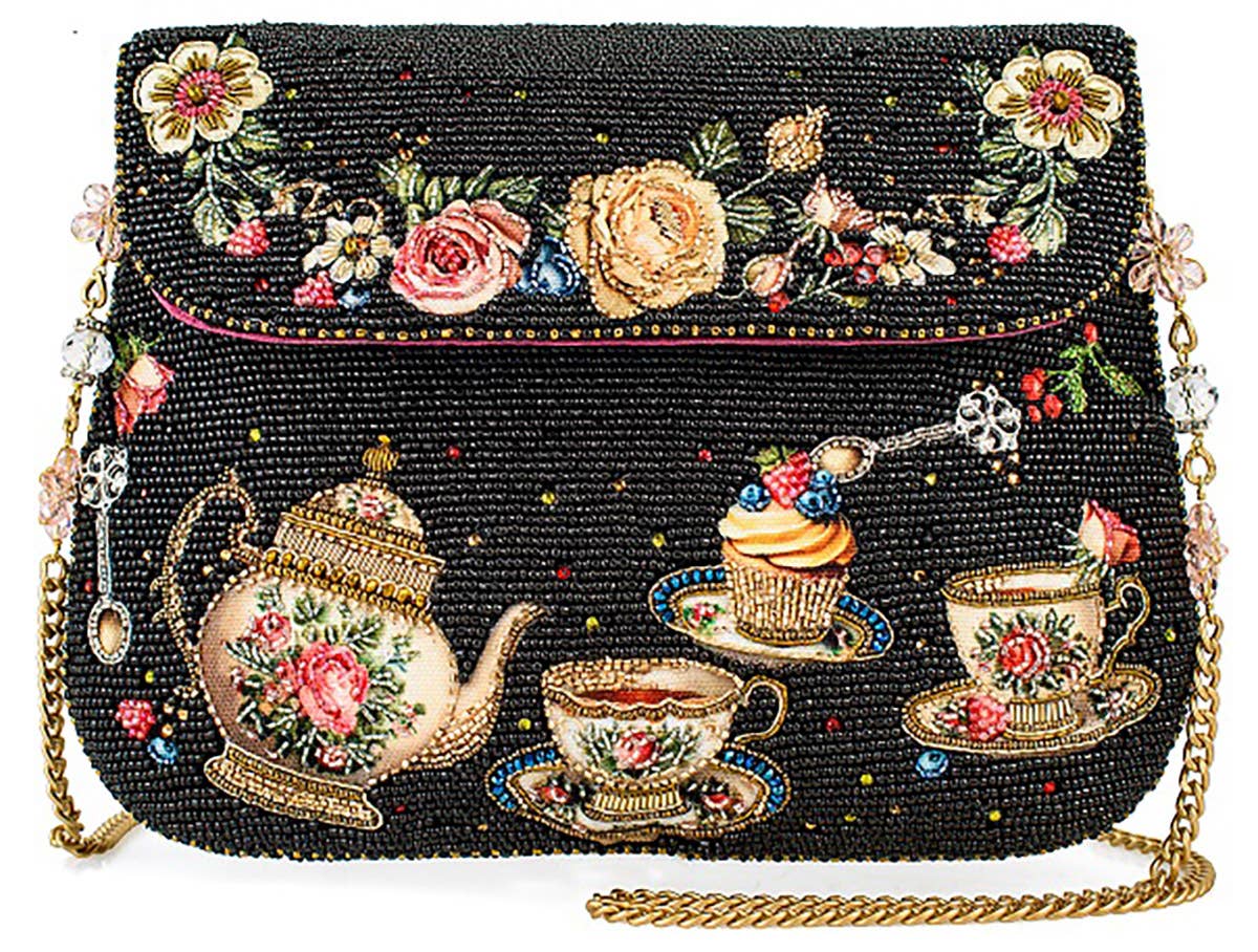 Tea Time Black And Gold Fairytale Beaded Crossbody Handbag