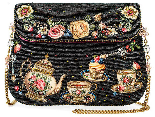 Tea Time Black And Gold Fairytale Beaded Crossbody Handbag